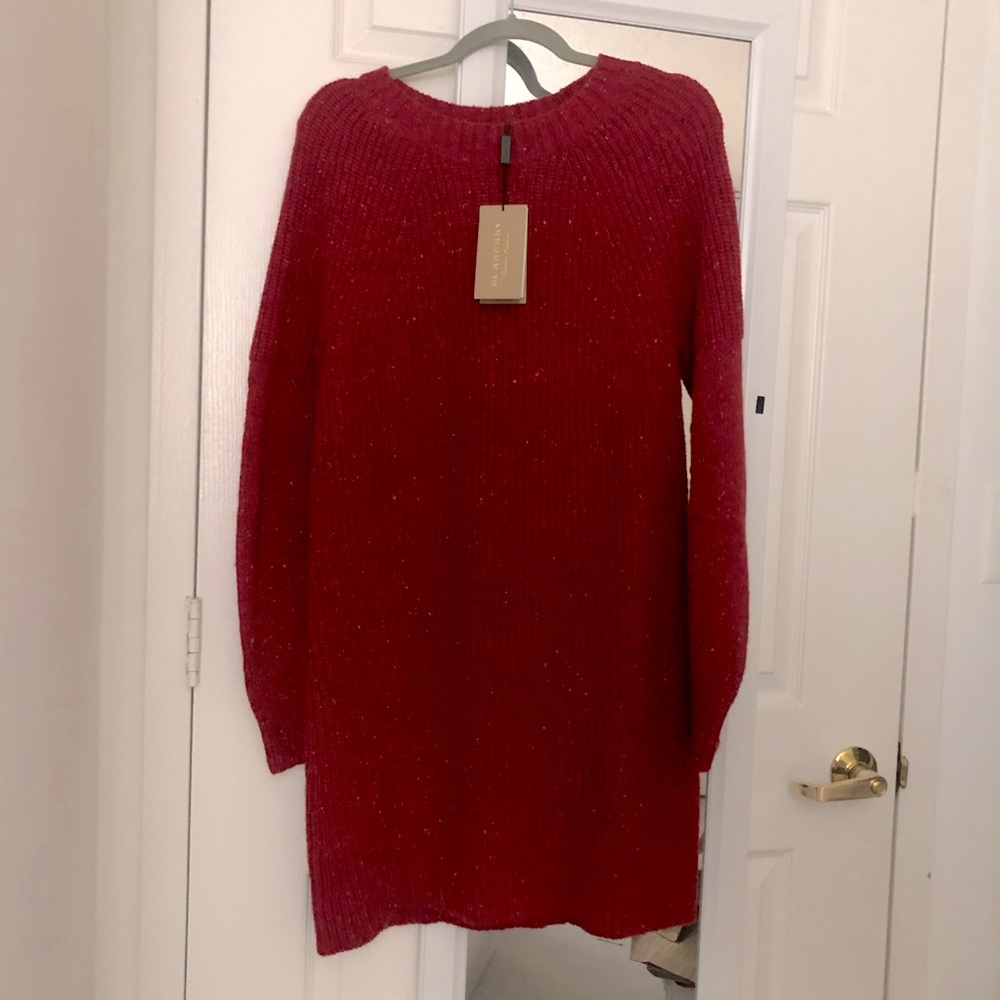Burberry Red Knit Wool Cashmeres Long Sleeve Sweater Dress